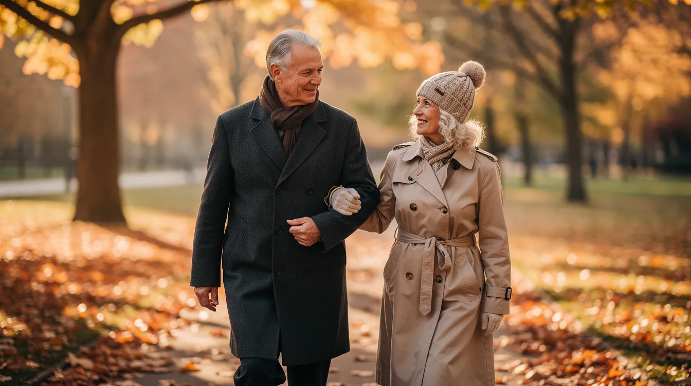 Ein älteres Paar spaziert Hand in Hand durch einen herbstlichen Park, umgeben von bunten Blättern und der warmen Atmosphäre der Jahreszeit. In diesem besonderen Moment strahlt ihre Liebe und Verbundenheit, als ob es Liebe auf den ersten Blick wäre.