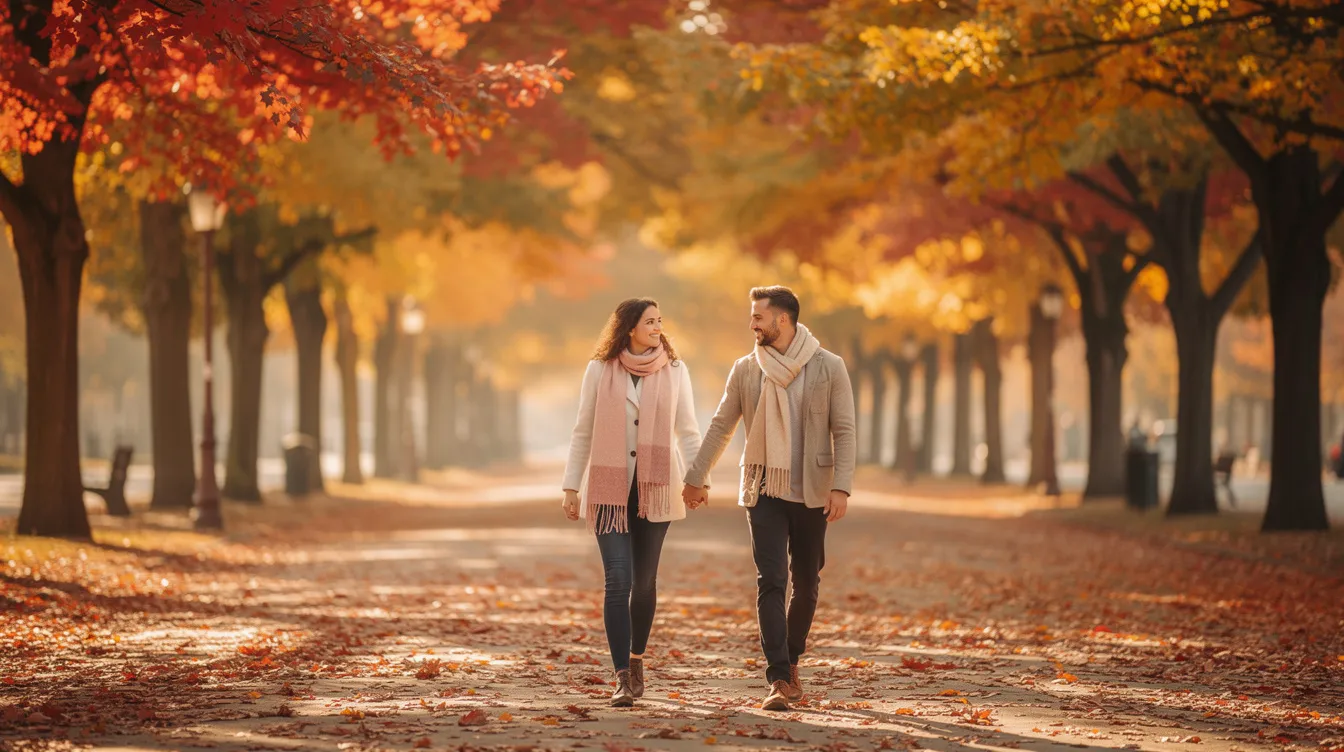 Ein Paar hält Händchen und spaziert glücklich durch eine herbstliche Allee, umgeben von buntem Laub, das die Liebe und Verbundenheit zwischen ihnen symbolisiert. Dieser Moment der Zweisamkeit ist ein wahrer Liebesbeweis und zeigt, wie wichtig sie füreinander sind.