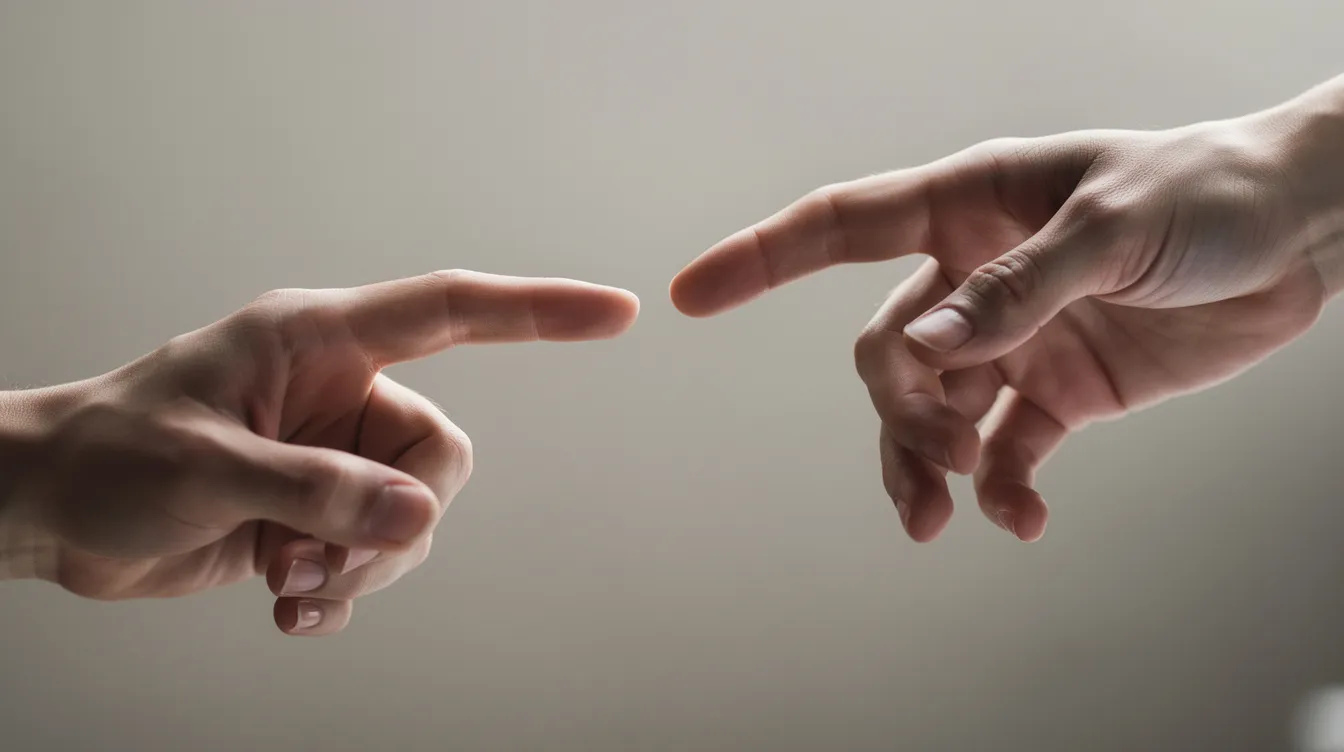 Zwei Hände, die fast einander berühren, zeigen den schmalen Spalt dazwischen, der symbolisch für das Gefühl der Distanz in einer Beziehung steht. Diese Darstellung kann auf eine Beziehungskrise oder das Ende einer Partnerschaft hinweisen, in der die Partner Schwierigkeiten haben, sich emotional zu verbinden.