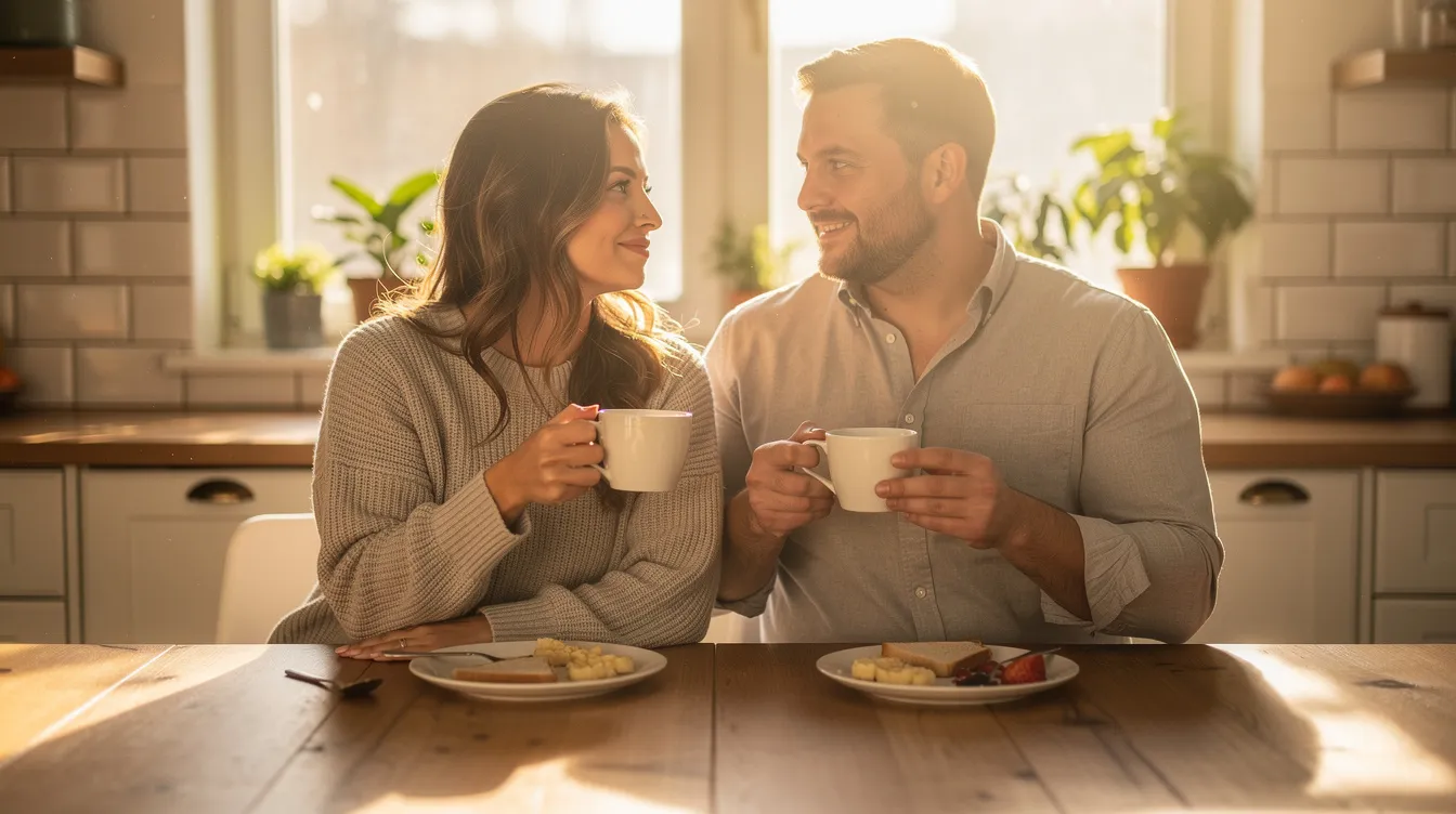 Ein Paar sitzt entspannt am Frühstückstisch, umgeben von Sonnenlicht, während sie sich mit Kaffeetassen in der Hand unterhalten. Diese Szene spiegelt die Grundlagen einer glücklichen Beziehung wider, in der Kommunikation, Respekt und Wertschätzung eine zentrale Rolle spielen.