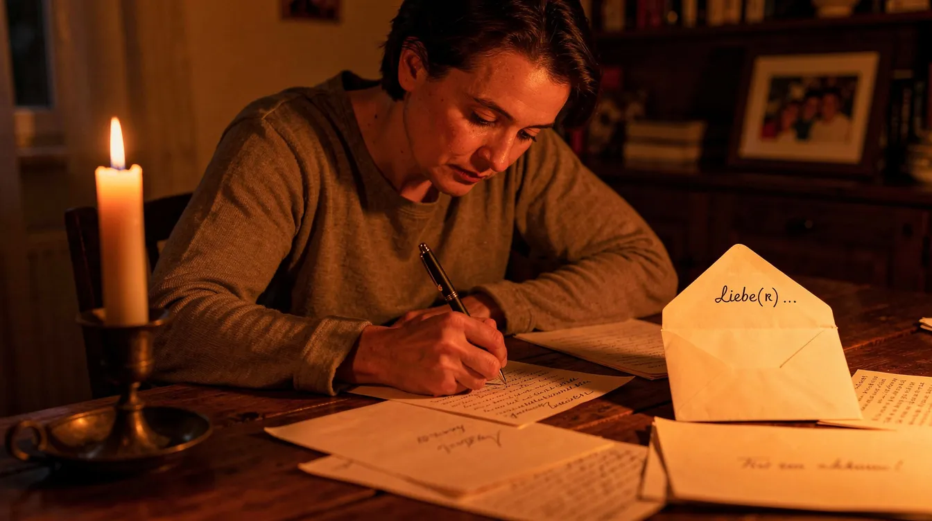 Ein Elternteil sitzt am Schreibtisch und schreibt bei sanftem Kerzenlicht einen liebevollen Brief an sein Kind. Der Raum ist warm und einladend, während die Worte voller Gefühle und Dankbarkeit sind, um die besondere Verbindung zwischen Eltern und Kind auszudrücken.