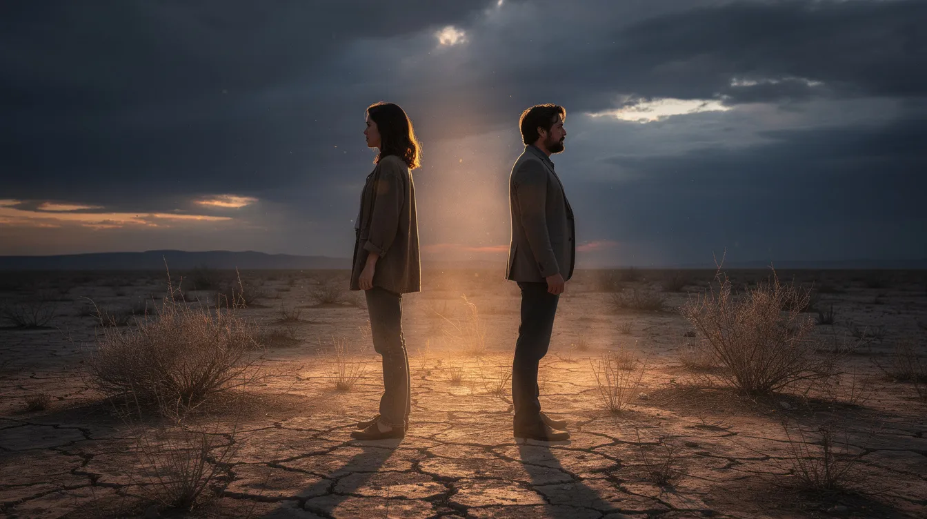 Zwei Personen stehen mit dem Rücken zueinander in einer kargen Landschaft, die eine dramatische Lichtstimmung erzeugt. Der sichtbare Abstand zwischen ihnen symbolisiert eine toxische Beziehung, geprägt von emotionaler Distanz und Konflikten.