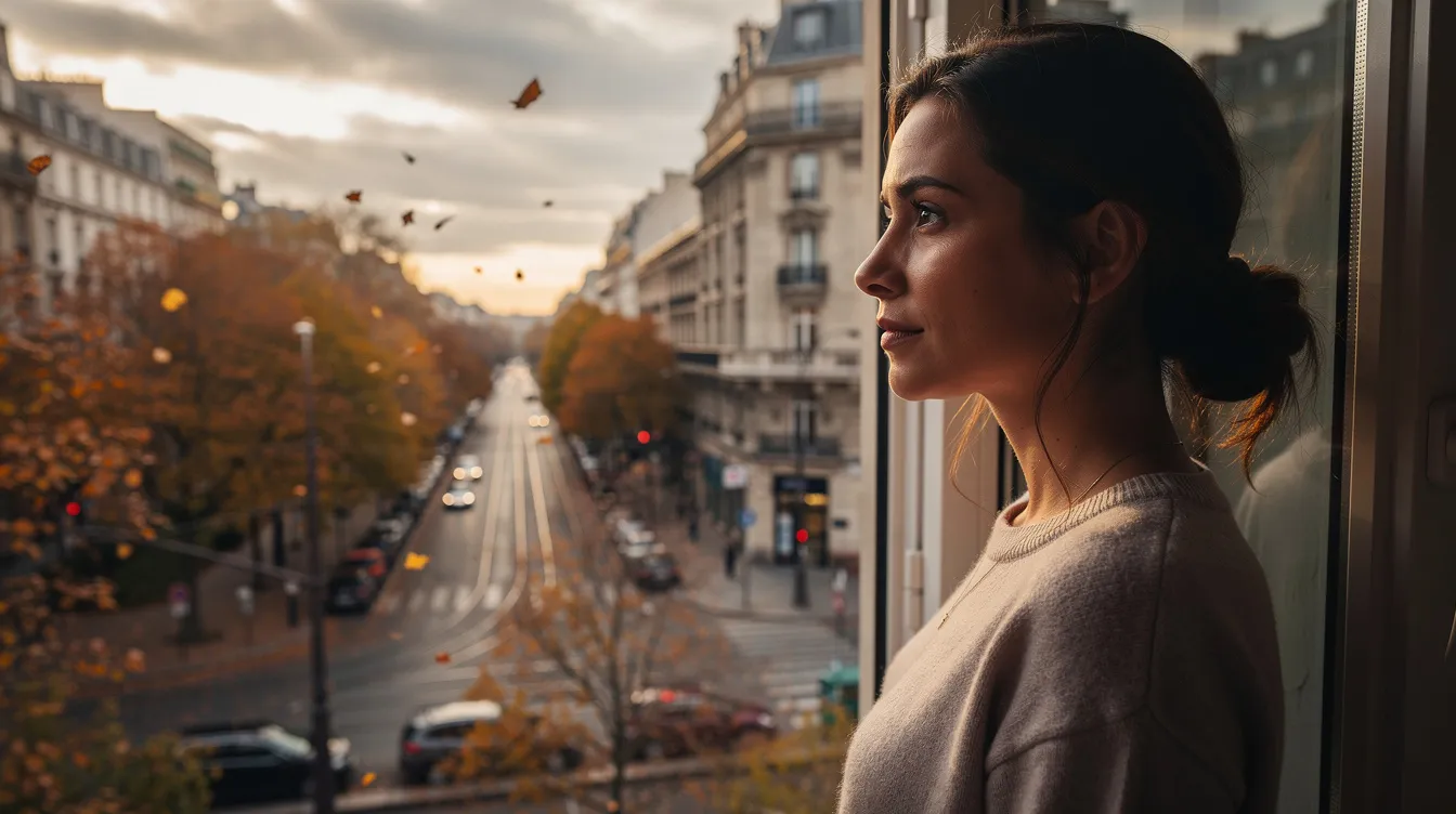 Eine nachdenkliche Frau steht am Fenster und blickt auf eine herbstliche Stadtlandschaft, während sie über ihre Gefühle in Bezug auf eine neue Beziehung und die Herausforderungen der Trennung nachdenkt. Die bunten Blätter und die kühle Luft spiegeln ihre innere Suche nach Antworten und Veränderung wider.