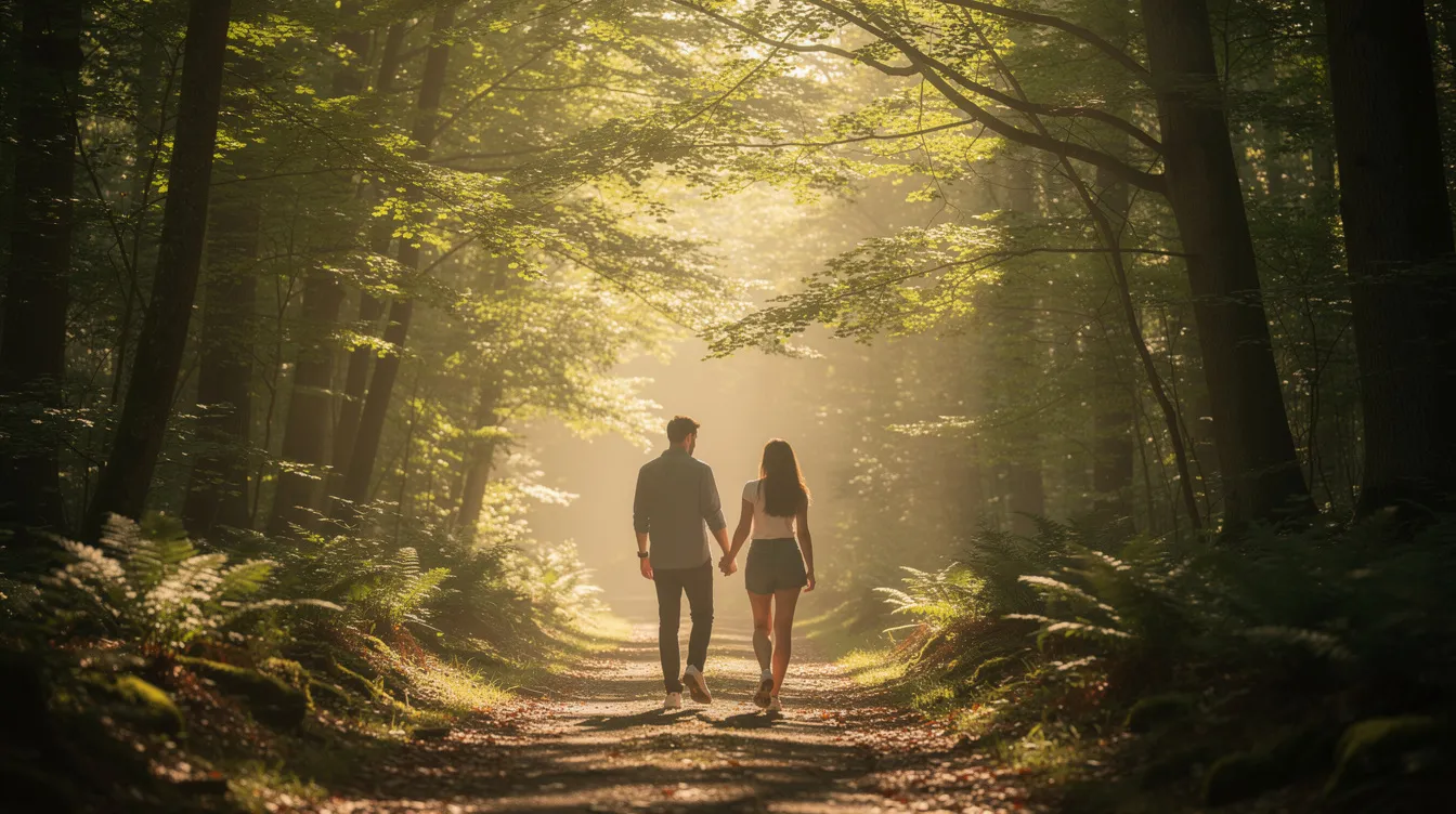 Ein Paar geht Hand in Hand einen malerischen Waldweg entlang, umgeben von hohen Bäumen und warmem Sonnenlicht, das durch die Blätter strahlt. Diese Szene symbolisiert die Intimität und Freiheit in einer liebevollen Partnerschaft, die verschiedene Beziehungsformen wie eine offene Beziehung oder Polyamorie erkunden kann.