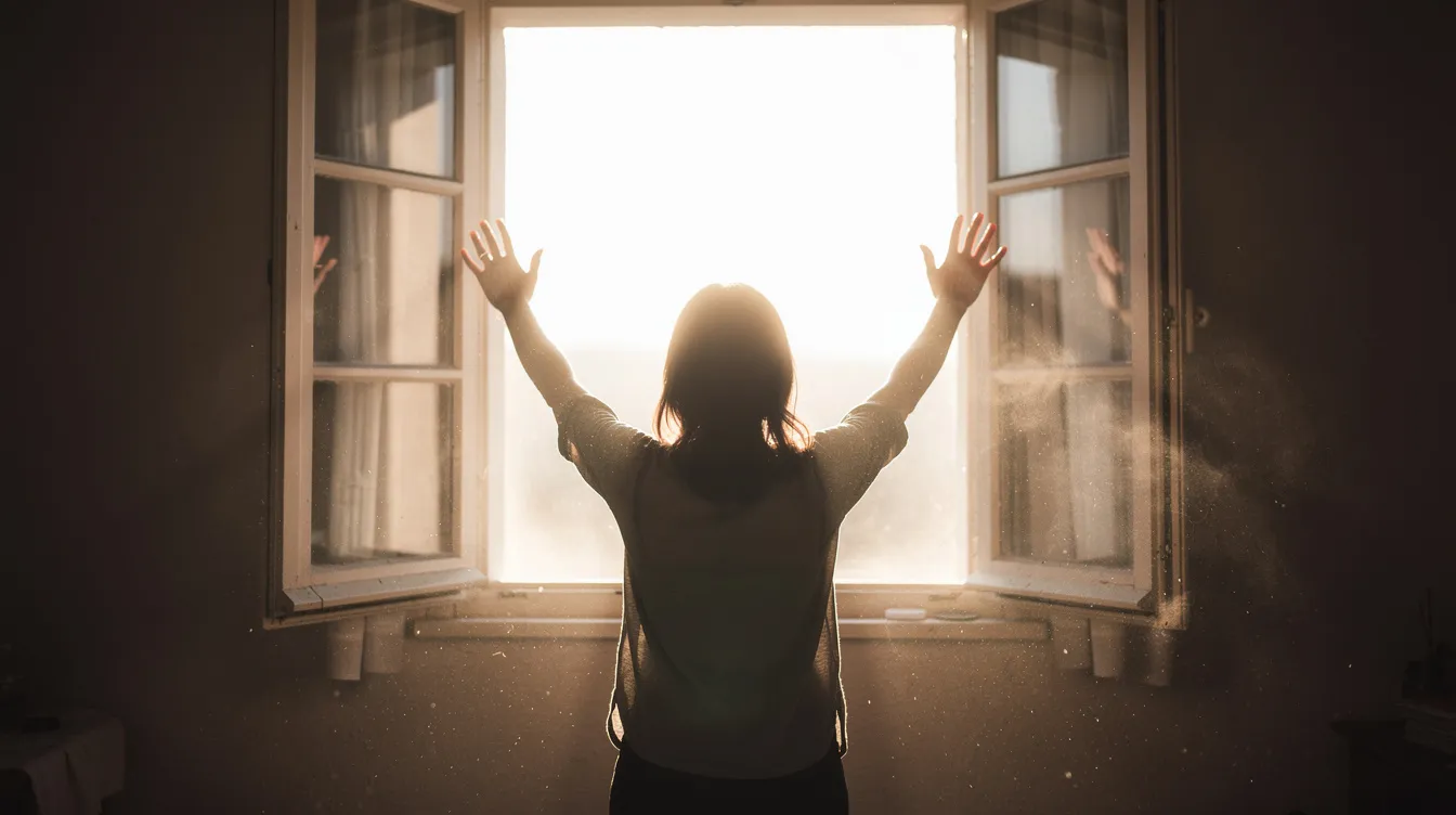 Eine Person steht vor einem offenen Fenster, durch das helles Licht strömt, und streckt ihre Hände dem Licht entgegen, was ein Gefühl von Hoffnung und Erneuerung vermittelt. Diese Szene symbolisiert den Wunsch nach Unterstützung und Veränderung in einer möglicherweise toxischen Beziehung, in der Dynamik und Verhalten oft von Manipulation und Machtspielen geprägt sind.