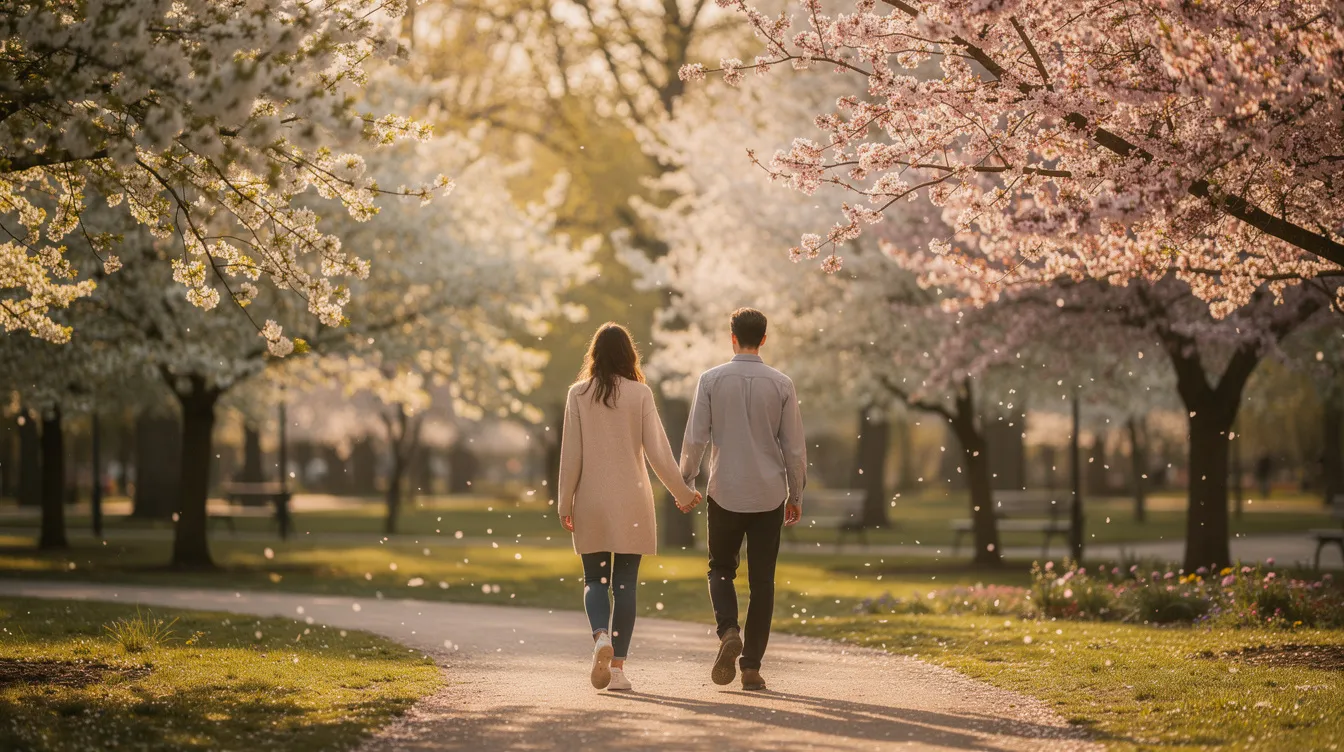 Zwei Menschen gehen Hand in Hand durch einen sonnendurchfluteten Park, umgeben von blühenden Bäumen, während sie in einem Zustand der Verliebtheit schwelgen. Ihre Herzen klopfen im Einklang, und sie genießen die gemeinsamen Gefühle und das Kribbeln im Bauch, das die Liebe mit sich bringt.