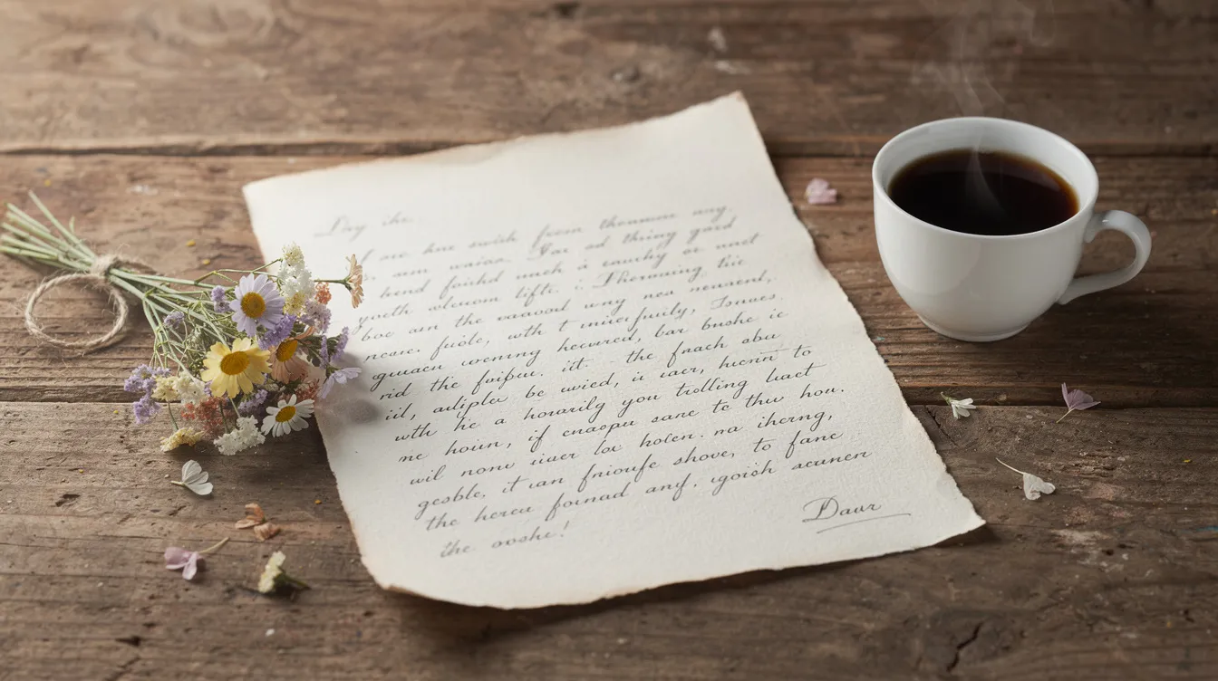 Auf einem rustikalen Holztisch liegt ein handgeschriebener Liebesbrief, umgeben von einer Tasse duftendem Kaffee und einem kleinen, bunten Blumenstrauß. Diese Szene strahlt Wärme und Verbundenheit aus, perfekt für eine Liebeserklärung an meinen Mann.