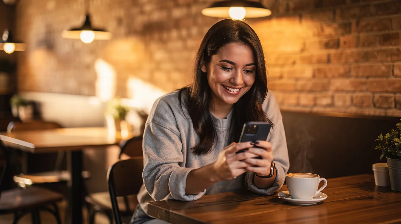 Eine Person sitzt in einem gemütlichen Café mit warmem Licht und lächelt auf ihr Handy, während sie in Gedanken an die Schwärmerei und die Gefühle des Verliebtseins vertieft ist. Umgeben von Menschen, spürt sie das Kribbeln im Bauch und die Anziehung, die das Herz höher schlagen lässt.