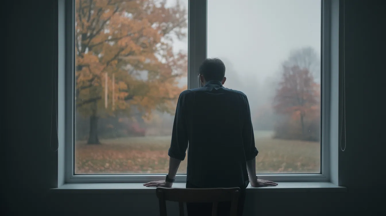 Eine nachdenkliche Person steht allein an einem Fenster und blickt auf eine herbstliche Landschaft, während sie über die Gefühle und Zeichen einer Beziehung nachdenkt, die möglicherweise am Ende steht. Die Szenerie spiegelt die innere Unruhe wider, die oft mit einer Beziehungskrise verbunden ist.