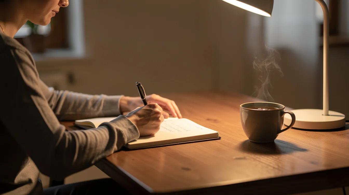 Eine Person sitzt an einem Schreibtisch und schreibt in ein Notizbuch, während sanftes Licht den Raum erhellt. Neben ihr steht eine Tasse Tee, die eine ruhige Atmosphäre schafft, die ideal für Gedanken über die Beziehung und das Leben ist.