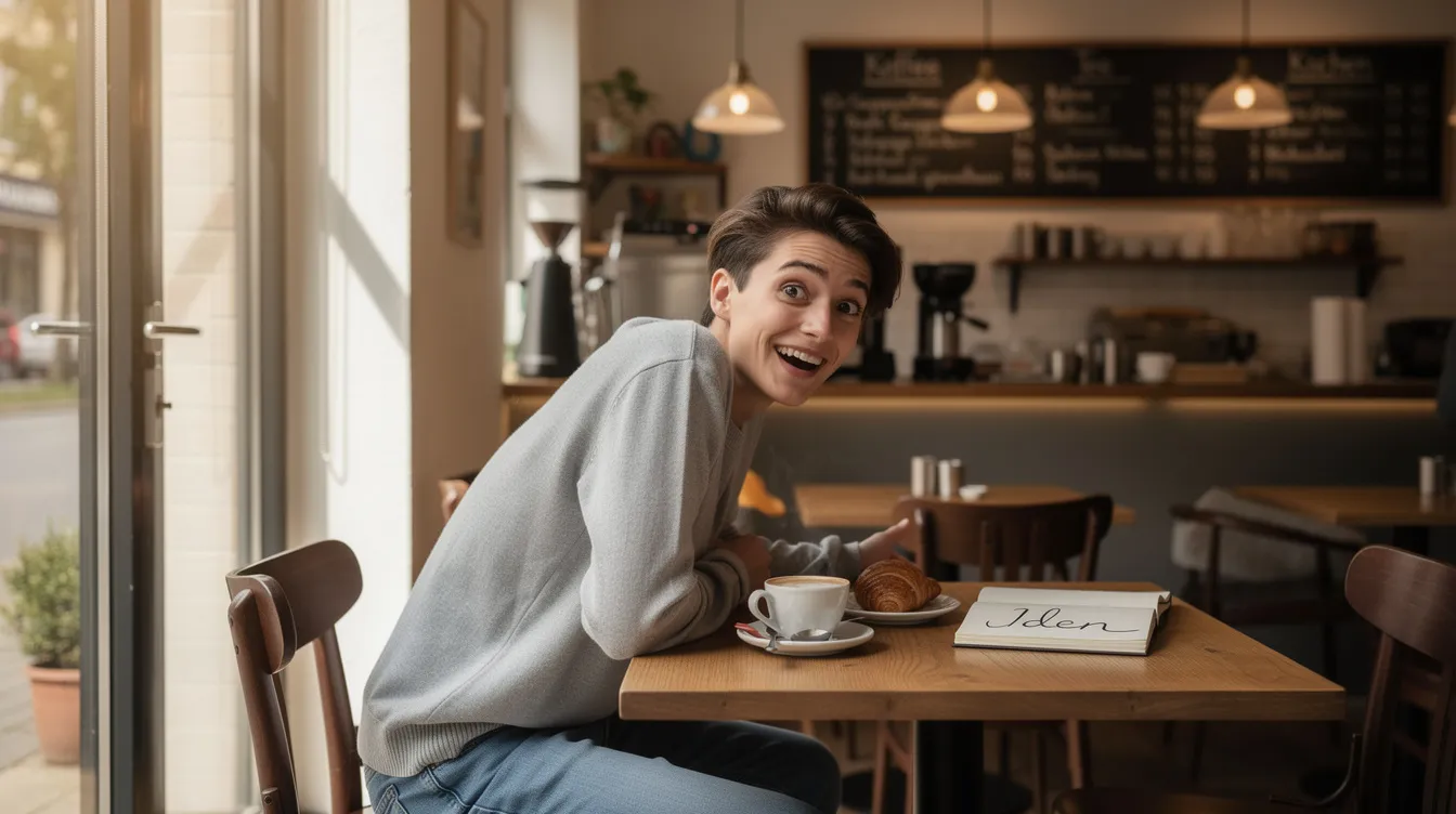 In einem Café sitzt eine junge Person, die mit einem überraschten und freudigen Ausdruck zur Tür schaut, als ob sie auf jemanden wartet, der ihr Herz zum Klopfen bringt. Die Emotionen sind spürbar, und man kann fast die Schmetterlinge im Bauch und das Kribbeln der Verliebtheit wahrnehmen.