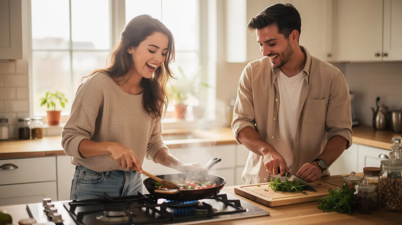 Ein glückliches Paar kocht gemeinsam in einer modernen Küche und lacht dabei, was die Freude an ihrer monogamen Beziehung und Zweisamkeit widerspiegelt. Die Atmosphäre ist warm und einladend, während sie sich gegenseitig unterstützen und ihre Liebe zelebrieren.