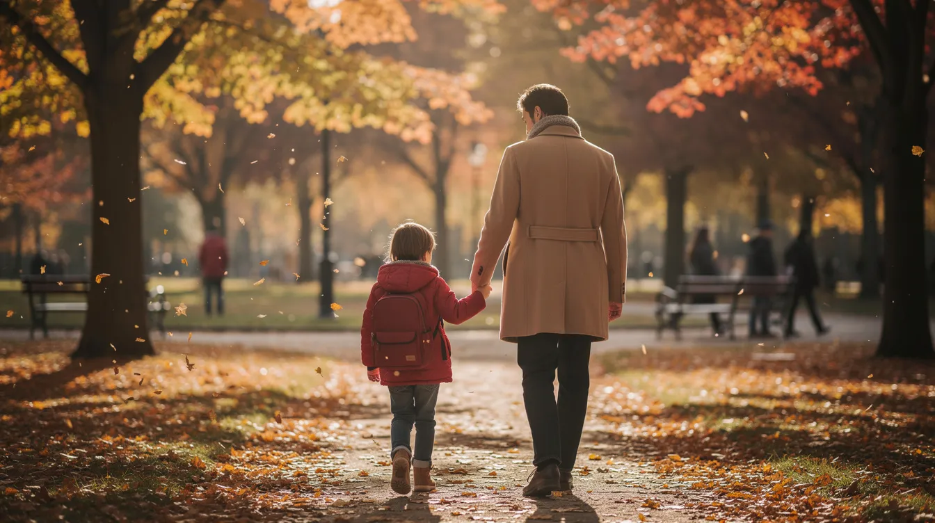 Ein Elternteil und ein Kind gehen Hand in Hand durch einen herbstlichen Park, umgeben von bunten Blättern und der warmen Atmosphäre des Herbstes. Diese liebevolle Szene zeigt das starke Band zwischen Eltern und Kind und vermittelt ein Gefühl von Glück und Dankbarkeit für gemeinsame Momente.