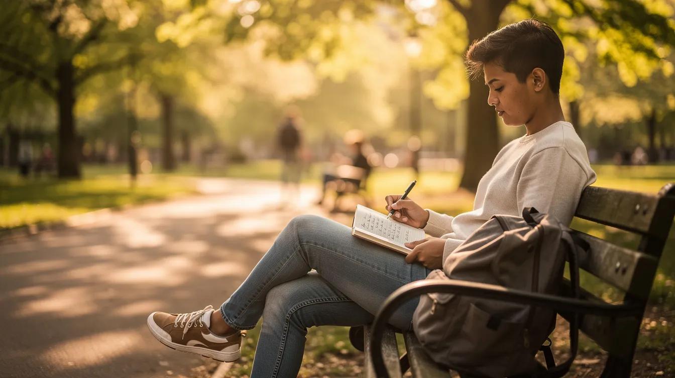 Eine Person sitzt entspannt auf einer Parkbank und schreibt in ein Notizbuch, während sie in Gedanken versunken ist. Die Szenerie strahlt eine Atmosphäre von Sehnsucht und Gefühlen aus, als ob die Person über ihre Emotionen und vielleicht sogar über eine Schwärmerei nachdenkt.