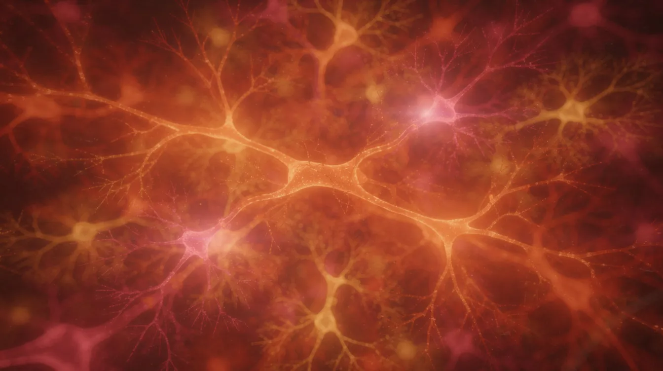 Die abstrakte, farbenfrohe Darstellung zeigt leuchtende Neuronen und Synapsen in warmen Farbtönen, die die intensiven Emotionen von Verliebtheit und Sehnsucht symbolisieren. Diese visuelle Komposition vermittelt das Gefühl von Herzklopfen und den Schmetterlingen im Bauch, die oft mit der Liebe und der Schwärmerei verbunden sind.