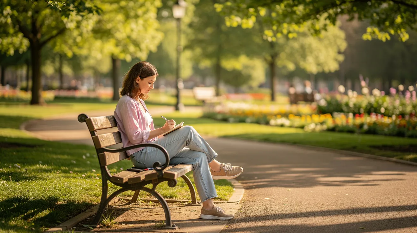 Eine Frau sitzt allein auf einer Bank in einem sonnigen Park und schreibt in ihr Notizbuch, während sie nachdenklich über ihre Gefühle und Erfahrungen in Bezug auf Beziehungen nachsinnt. Die ruhige Atmosphäre des Parks bietet ihr einen Moment der Reflexion über Liebe, Trennung und neue Möglichkeiten im Leben.