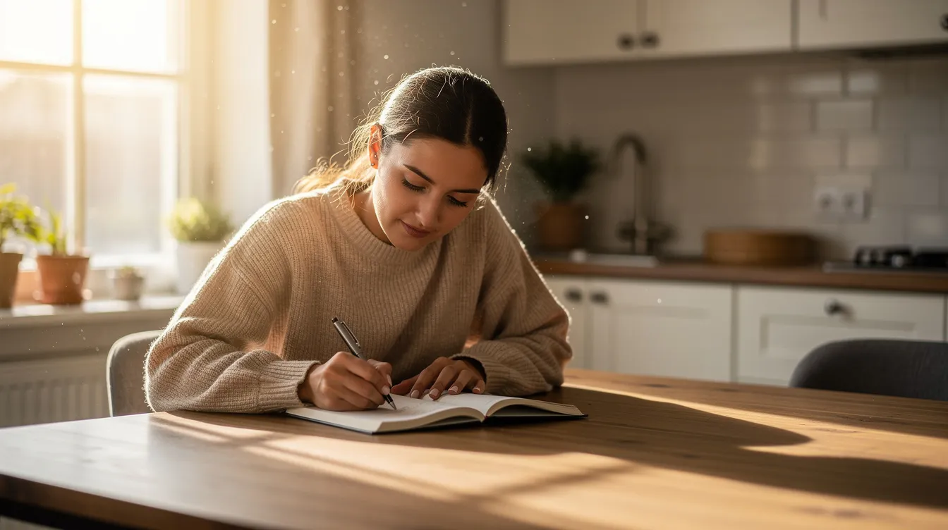 Ein Mensch sitzt an einem Küchentisch, umgeben von warmem Morgenlicht, und schreibt in ein Notizbuch mit einem Stift. Die Szene strahlt eine ruhige Atmosphäre aus, die zum Nachdenken und Verfassen von Liebessprüchen oder einer Liebeserklärung an den Schatz einlädt.