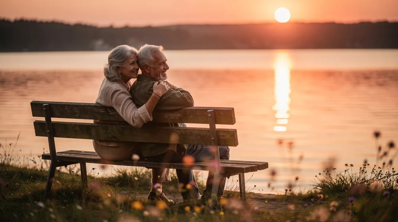 Ein älteres Paar sitzt gemeinsam auf einer Bank und blickt auf einen See bei Sonnenuntergang. Die ruhige Szene strahlt Liebe und Nähe aus, während die beiden ihre Zeit miteinander genießen, was an eine Liebeserklärung an ihren Schatz erinnert.