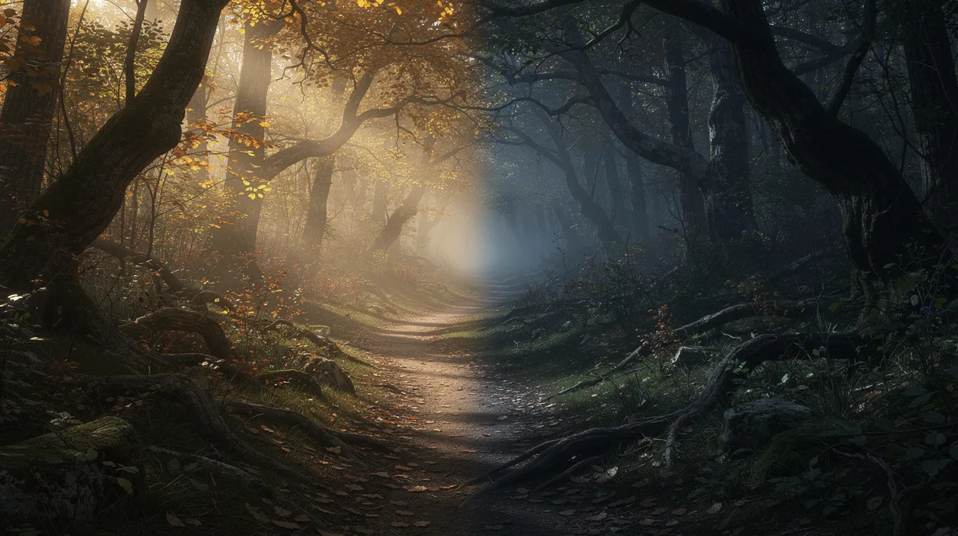 Das Bild zeigt zwei Wege, die sich in einem Wald gabeln; einer führt ins Licht, was Hoffnung und neue Möglichkeiten symbolisiert, während der andere in den Schatten führt und für Unsicherheit und mögliche Trennung steht. Diese Entscheidung kann als Metapher für den Wendepunkt in einer Beziehung interpretiert werden, an dem Paare sich mit den Herausforderungen ihrer Partnerschaft auseinandersetzen müssen.