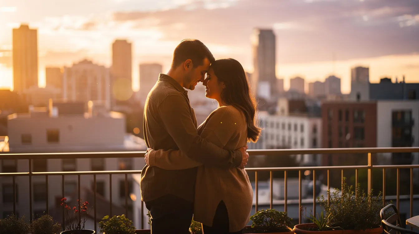 Ein Paar umarmt sich liebevoll im warmen Abendlicht auf einem Balkon, während sie einen romantischen Blick auf die Stadt genießen. Diese Szene strahlt Verbundenheit und wahre Liebe aus, die in jedem Moment spürbar ist.