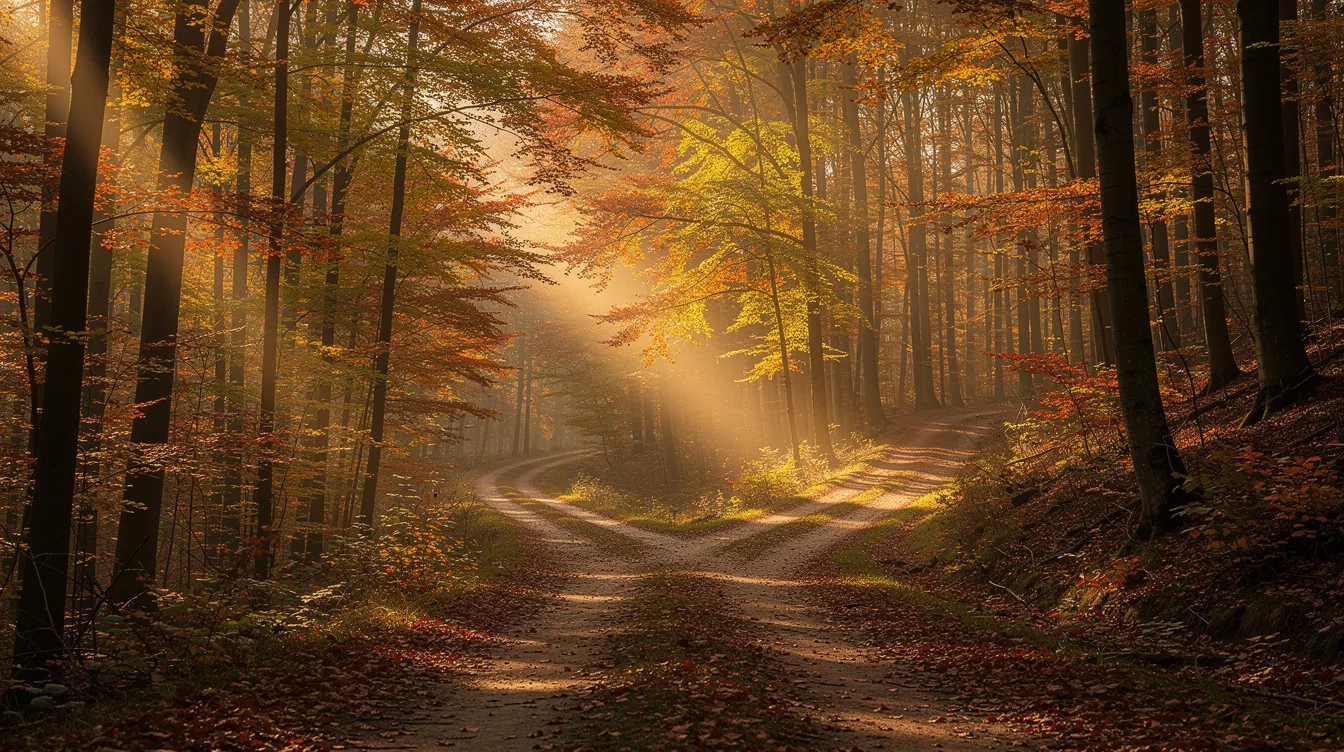Ein malerischer Waldweg, der im warmen Licht des Herbstes in zwei verschiedene Richtungen führt. Diese Gabelung symbolisiert Entscheidungen im Leben und könnte ein gutes Zeichen für die Reflexion über die eigene Beziehung und die Gefühle für den Partner sein.