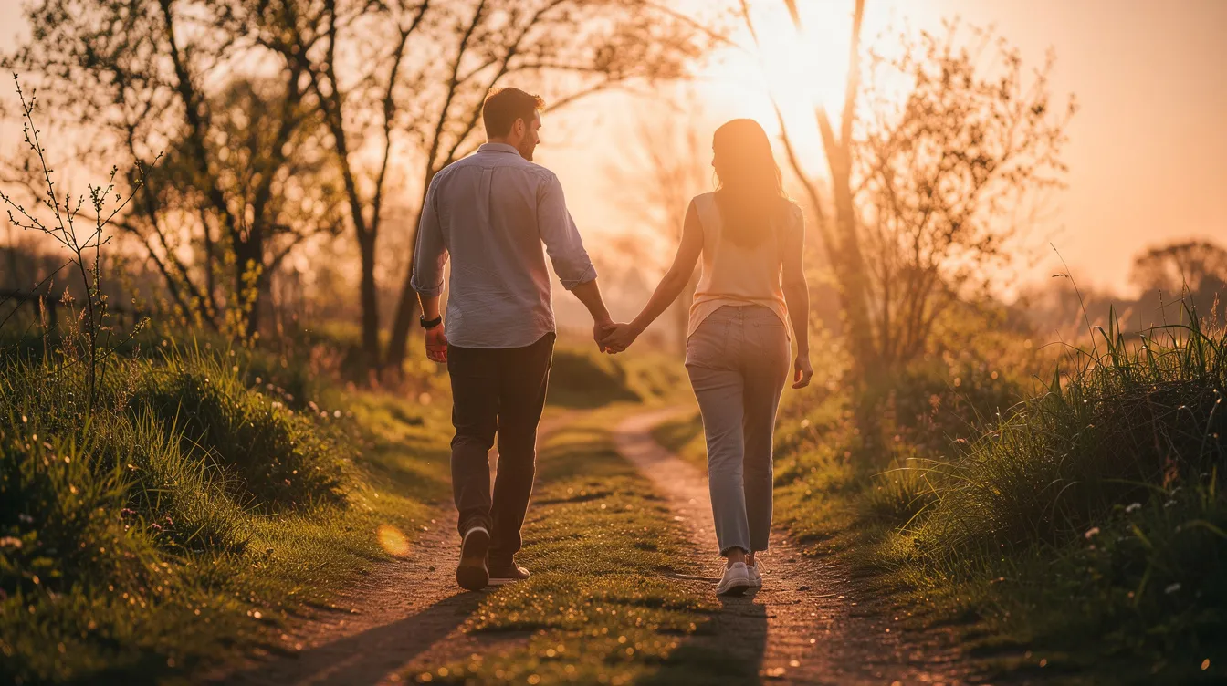 Zwei Personen, ein Mann und eine Frau, halten beim Spaziergang in der Natur Händchen und genießen das warme Abendlicht. Diese intime Geste zeigt ihre Liebe und die Verbundenheit in ihrer Beziehung, während sie gemeinsam schöne Momente erleben.