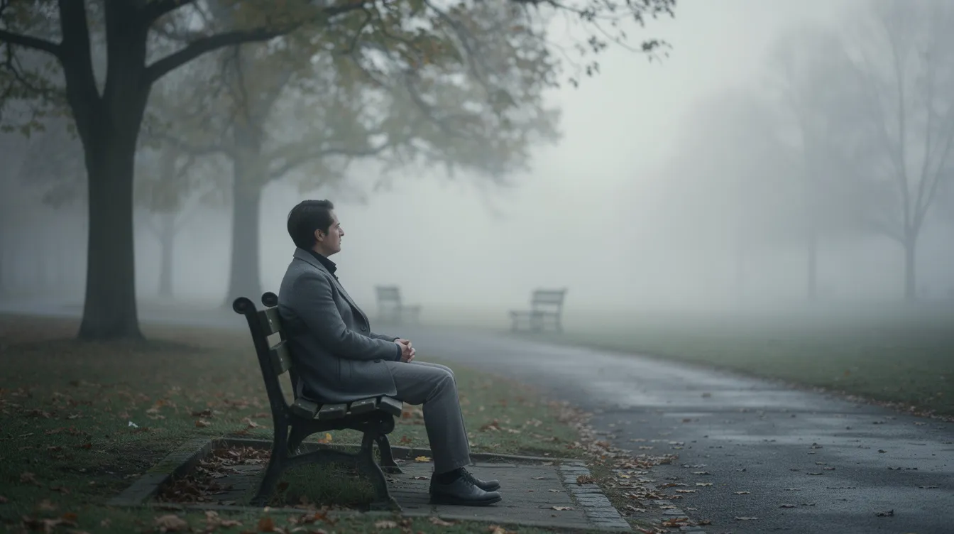 Eine nachdenkliche Person sitzt allein auf einer Bank in einem grauen, nebligen Park und blickt in die Ferne, während sie über die Komplexität von Beziehungen und die Anzeichen einer toxischen Beziehung nachsinnt. Die melancholische Atmosphäre spiegelt die inneren Konflikte und Herausforderungen wider, die viele Menschen in ihren Partnerschaften erleben.