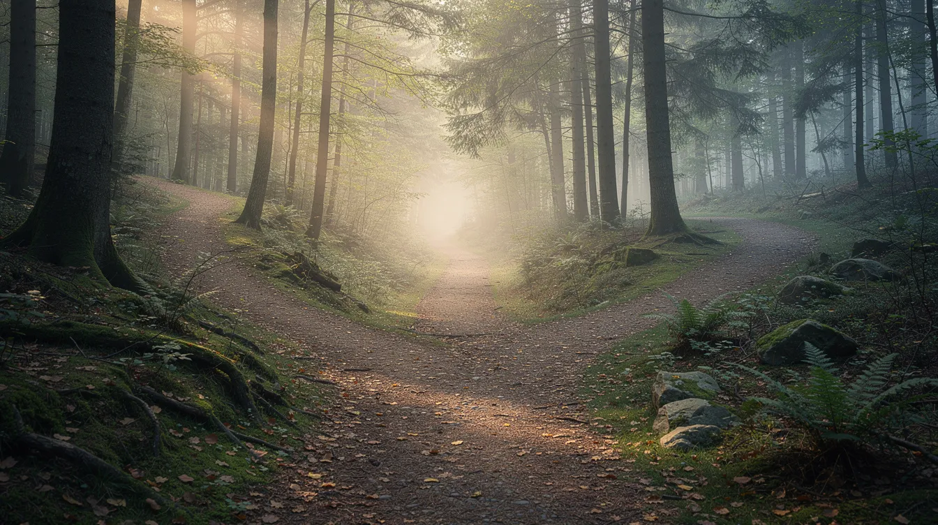 Das Bild zeigt drei verschiedene Pfade, die sich in einem dichten Wald gabeln, und symbolisieren die unterschiedlichen Lebenswege und Beziehungsformen, die Menschen in ihrem Leben wählen können, wie etwa monogame Beziehungen oder alternative Modelle wie Polyamorie. Jeder Pfad steht für die individuellen Entscheidungen und Herausforderungen, die mit Liebe und Partnerschaft verbunden sind.