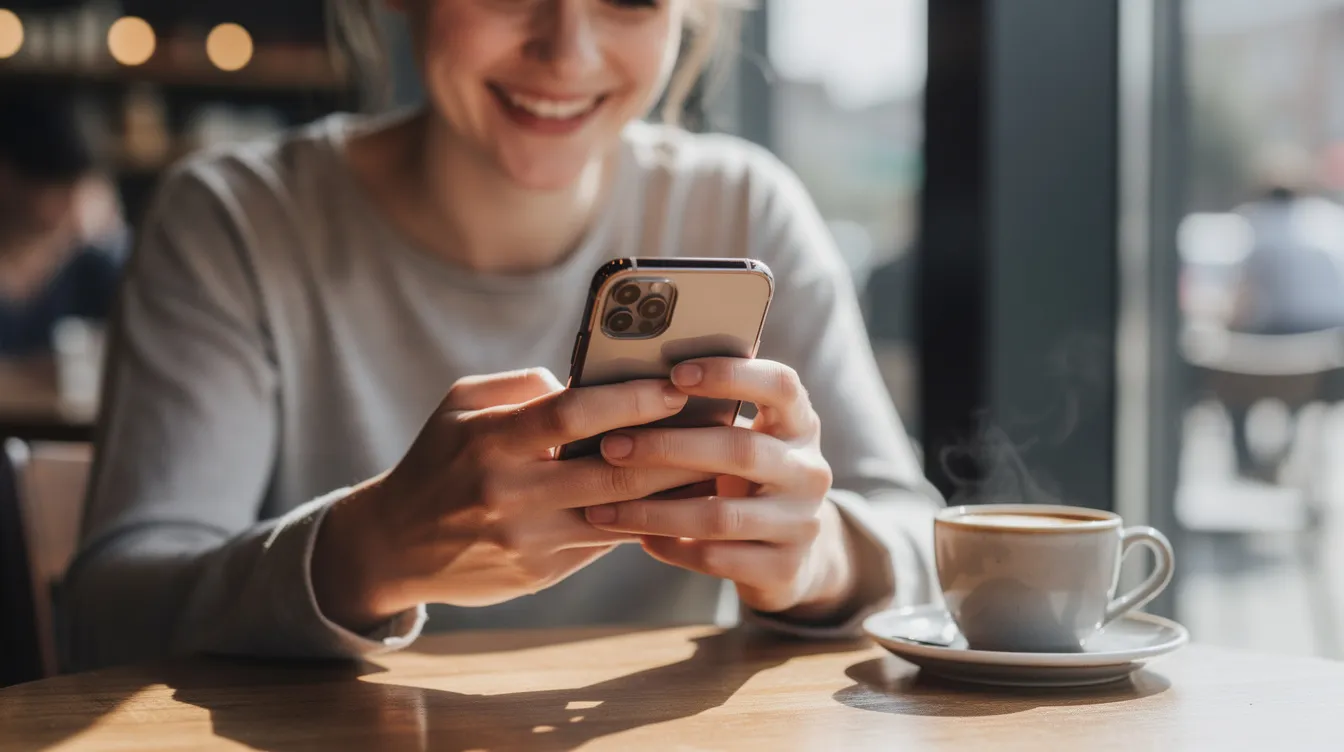 Ein lächelnder Mensch liest eine Nachricht auf seinem Smartphone, während eine dampfende Kaffeetasse neben ihm auf dem Tisch steht. Dieses Bild strahlt Freude und Nähe aus, perfekt für eine Liebeserklärung an meinen Schatz.