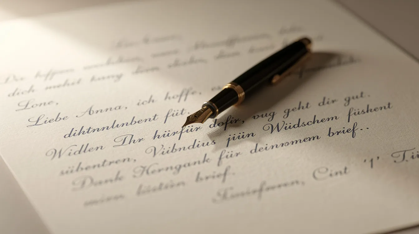 Ein eleganter Füllfederhalter liegt auf einem cremefarbenen Blatt Briefpapier, das mit handgeschriebenen Zeilen einer Liebeserklärung an meine Frau gefüllt ist. Die Worte drücken tiefes Gefühl und Wertschätzung aus, perfekt für einen romantischen Moment.