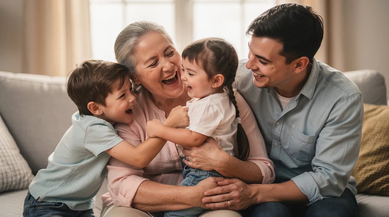 Eine fröhliche Familie umarmt sich lachend, während Kinder verschiedener Altersstufen in der Mitte stehen. Diese Szene strahlt Liebe und Zusammenhalt aus, ein wahres Herzstück der Familienmomente.