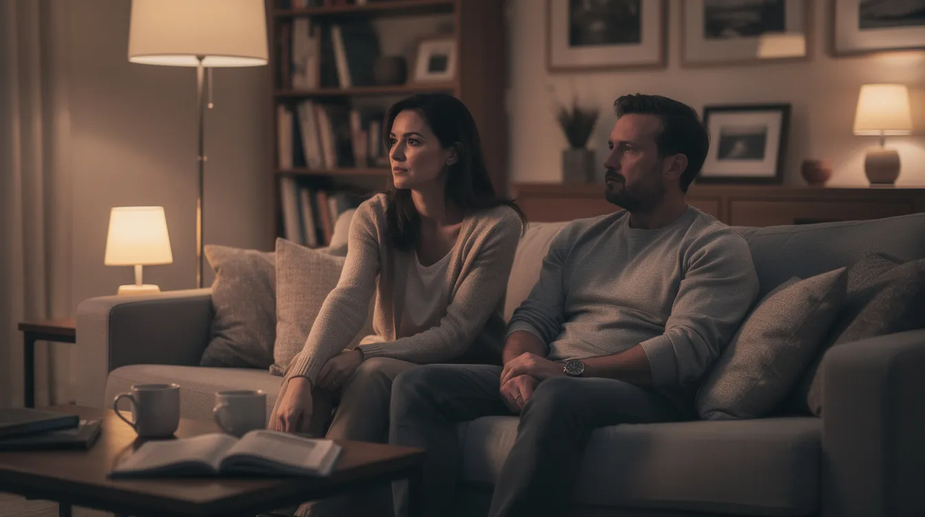 Ein Paar sitzt abends auf einem Sofa, umgeben von warmem Licht, und schaut nachdenklich in verschiedene Richtungen. Ihre Körperhaltung und der Ausdruck auf ihren Gesichtern deuten auf tiefgehende Gedanken und Gefühle in ihrer Beziehung hin.