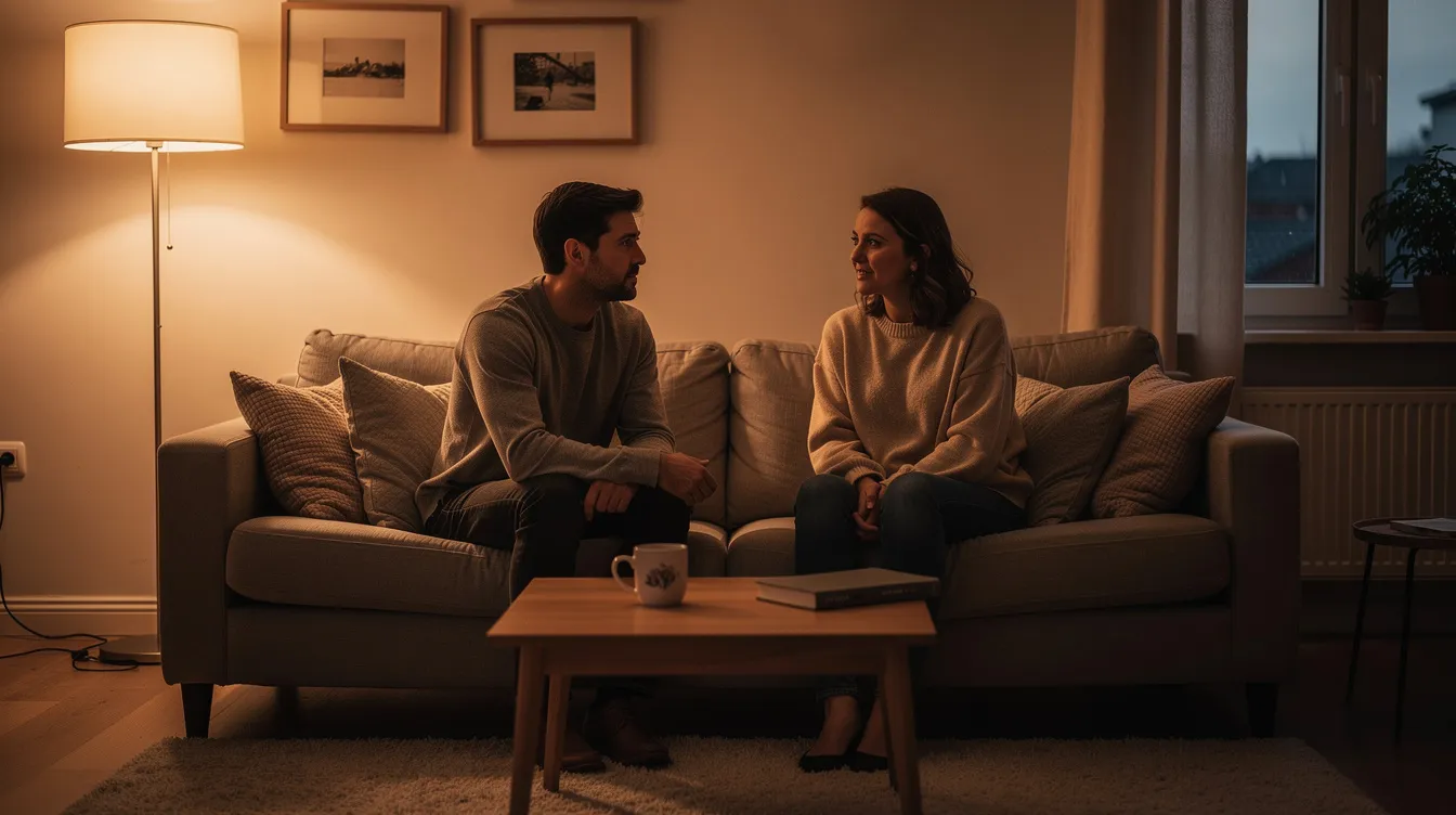 Zwei Personen sitzen sich auf einem Sofa gegenüber, umgeben von warmem Licht in einem ruhigen Wohnzimmer, was eine intime Atmosphäre für ihre Partnerschaft schafft. Diese Szene könnte die Freiheit und Offenheit einer offenen Beziehung symbolisieren, in der Kommunikation und Vertrauen eine zentrale Rolle spielen.