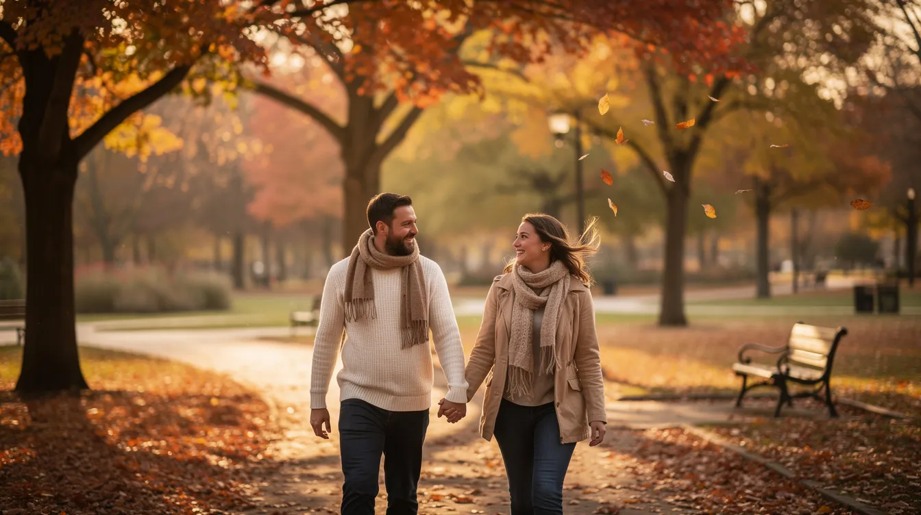 Ein Paar spaziert Hand in Hand durch einen malerischen Park, während bunte Herbstblätter sanft zu Boden fallen. Ihre Nähe und das Lächeln auf ihren Gesichtern spiegeln die Liebe und Freude wider, die sie füreinander empfinden, eine wahre Liebeserklärung an ihren Schatz.