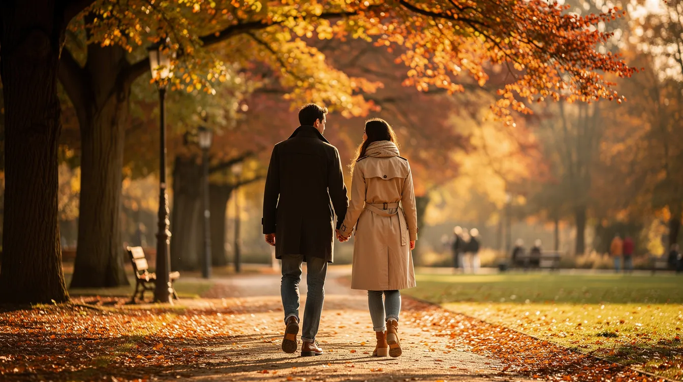 Ein Paar geht Hand in Hand durch einen herbstlichen Park, umgeben von bunten Blättern und der warmen Atmosphäre der Natur. Diese Szene verkörpert die Werte einer glücklichen Beziehung, in der Liebe, Respekt und Nähe eine zentrale Rolle spielen.
