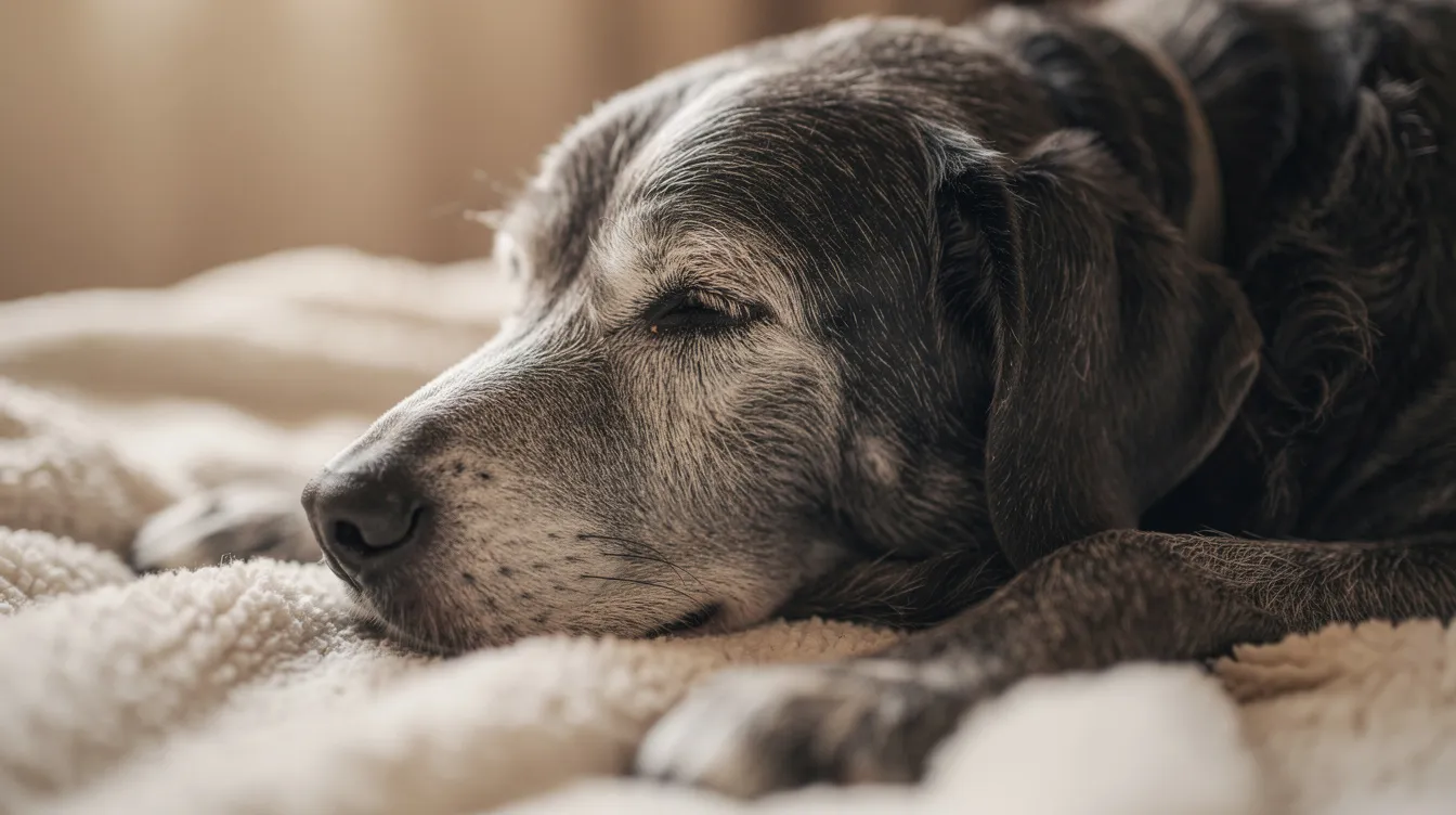 Ein alter Hund liegt friedlich auf einer weichen Decke, während sanftes Licht auf sein graues Fell fällt. Diese Szene strahlt Wärme und Liebe aus und zeigt die innige Beziehung zwischen Hund und Mensch.