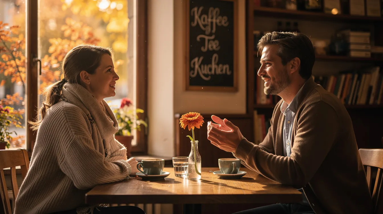 Zwei Personen sitzen sich in einem gemütlichen Café gegenüber und führen ein angeregtes Gespräch bei einer Tasse Kaffee. Das warme Herbstlicht schafft eine einladende Atmosphäre, ideal für Fragen zum Kennenlernen und das Teilen von Lebensgeschichten.