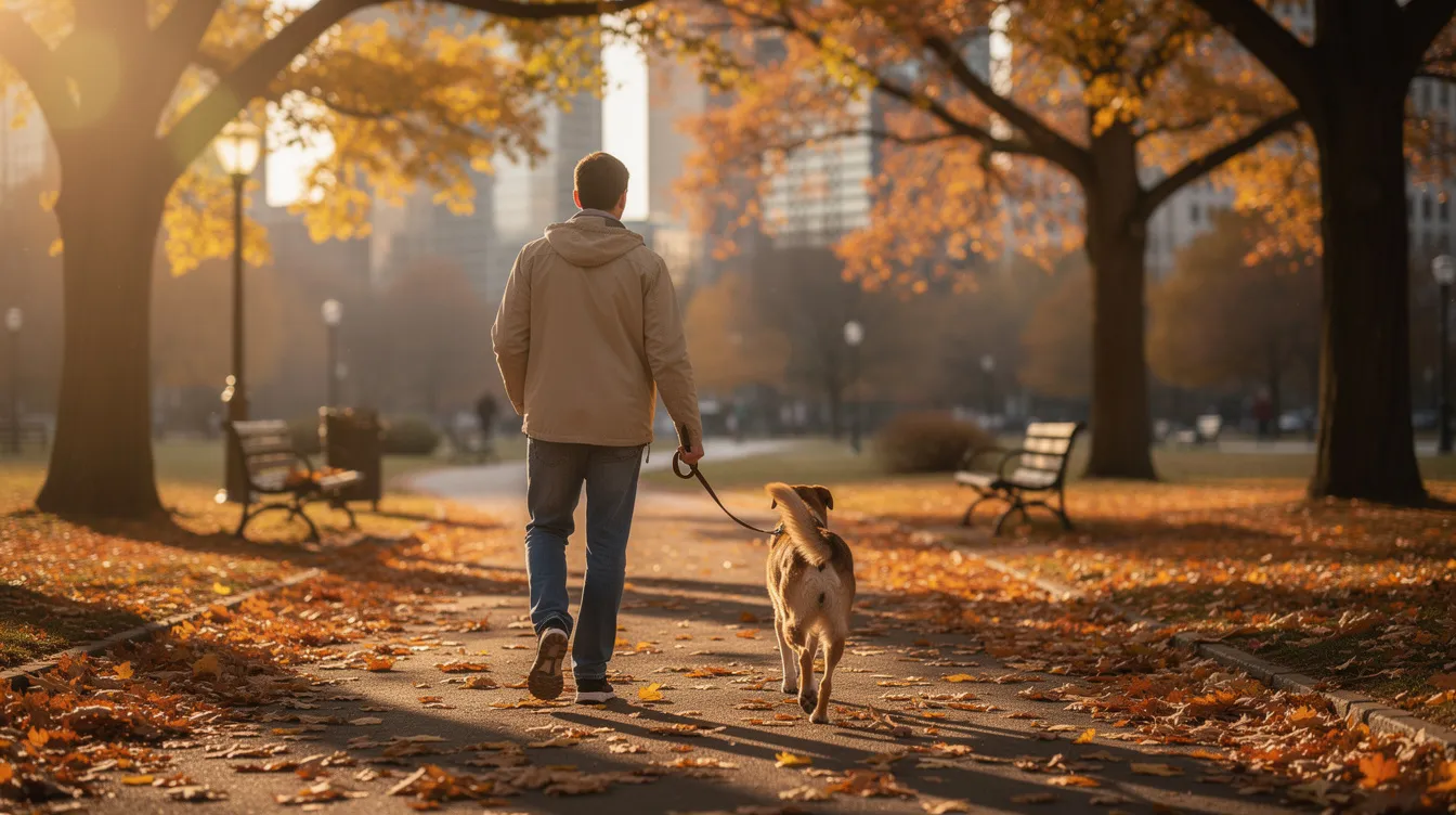 Ein Mensch geht entspannt mit einem mittelgroßen Hund durch einen herbstlichen Stadtpark, umgeben von bunten Blättern und der warmen Atmosphäre der Jahreszeit. Die Szene strahlt Freude und die besondere Beziehung zwischen Hundebesitzer und Vierbeiner aus, während sie gemeinsam den Alltag genießen.