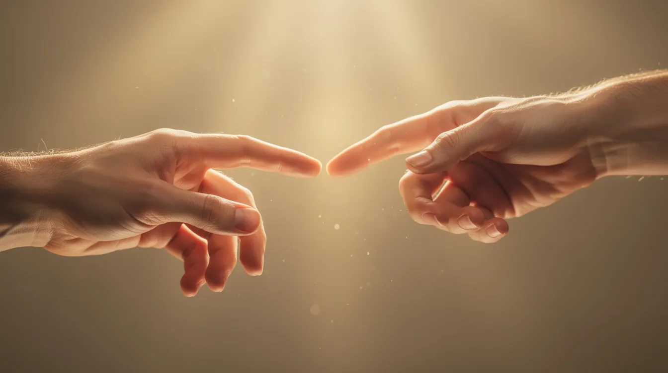 Zwei Hände nähern sich einander in einer fast berührenden Geste, umgeben von warmem, goldenem Licht, das ein Gefühl von Verbundenheit und Intimität vermittelt. Diese Darstellung symbolisiert die seelenverwandte Beziehung zwischen Menschen und die tiefen Gefühle der Liebe und Nähe.