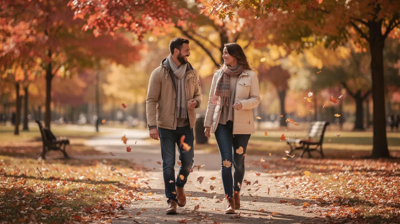 Zwei Menschen spazieren durch einen herbstlichen Park, umgeben von buntem Laub, und führen ein angeregtes Gespräch. Sie nutzen den Moment, um sich besser kennenzulernen und verschiedene Themen auszutauschen, während die Blätter sanft im Wind rascheln.