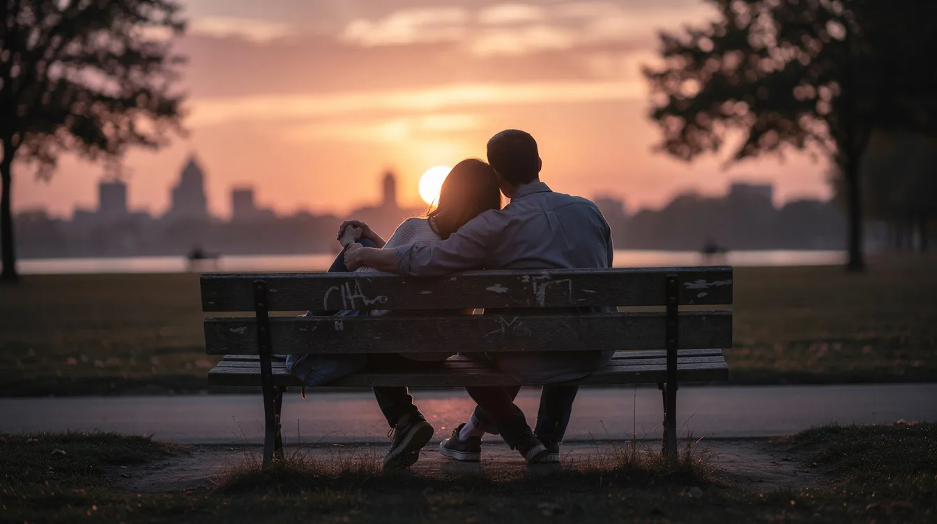 Zwei Menschen sitzen nebeneinander auf einer Parkbank und betrachten gemeinsam den Sonnenuntergang, was eine tiefe seelenverwandte Verbindung und Intimität zwischen ihnen symbolisiert. Ihre stille Präsenz zeugt von einer besonderen Beziehung und dem Gefühl von Geborgenheit in diesem Augenblick.