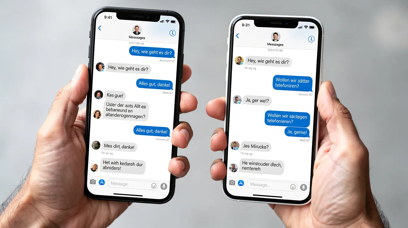 Zwei Hände halten Smartphones, auf deren Bildschirmen Chatnachrichten zu sehen sind, die Fragen zum Kennenlernen und Gesprächsthemen für ein erstes Date enthalten. Die Kommunikation zwischen den Personen wird durch die ausgetauschten Nachrichten lebendig, während sie sich mit ihren Interessen und Erfahrungen austauschen.