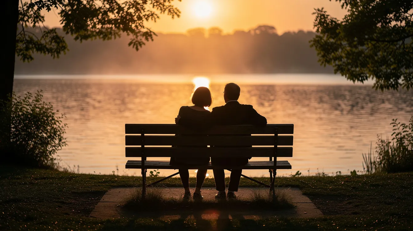 Zwei Menschen sitzen eng nebeneinander auf einer Parkbank und genießen den romantischen Anblick eines Sonnenuntergangs über einem ruhigen See. Ihre Zweisamkeit strahlt Liebe und Verbundenheit aus, während sie gemeinsam die Schönheit der Natur erleben.