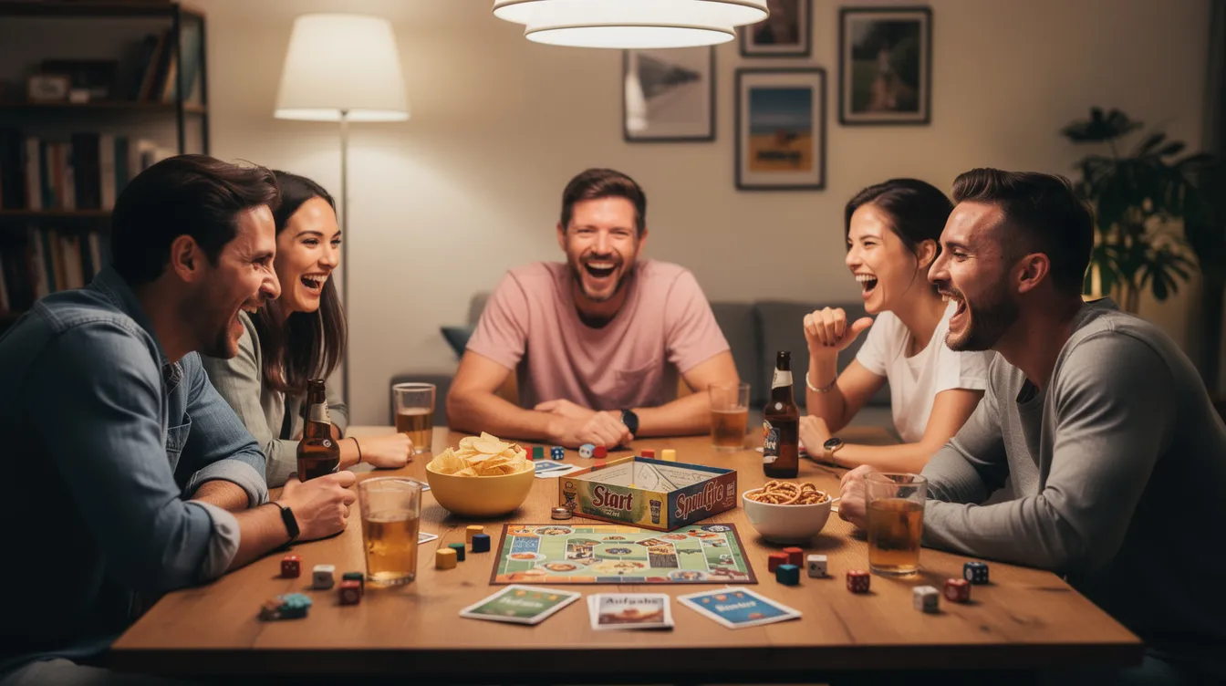 Eine Gruppe von Freunden sitzt lächelnd an einem Tisch, während sie gemeinsam Spiele spielen und sich über verschiedene Themen unterhalten. Die Atmosphäre ist entspannt und fröhlich, ideal für einen unterhaltsamen Spieleabend und um sich besser kennenzulernen.