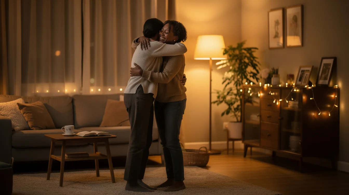 In einem gemütlichen Wohnzimmer mit warmer Beleuchtung umarmen sich zwei Menschen herzlich und drücken ihre Zuneigung aus. Diese liebevolle Geste symbolisiert die Bedeutung von Körperkontakt und emotionaler Verbindung in einer Partnerschaft, wie sie in den fünf Sprachen der Liebe beschrieben wird.