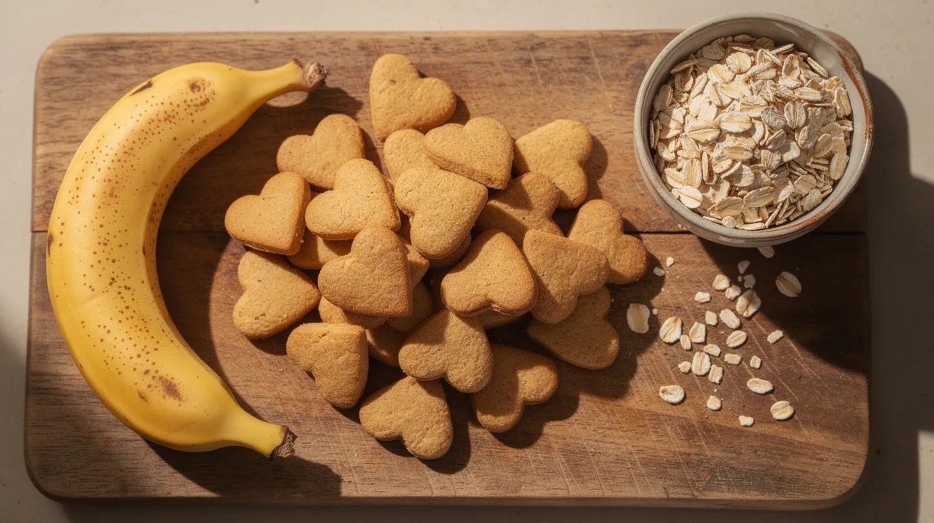 Auf einem Holzbrett liegen selbstgebackene Hundekekse in Herzform, neben einer Banane und Haferflocken, die die liebevolle Beziehung zwischen Hundebesitzer und Vierbeiner symbolisieren. Diese Leckereien sind ein Zeichen der Hundeliebe und Freude im Alltag.