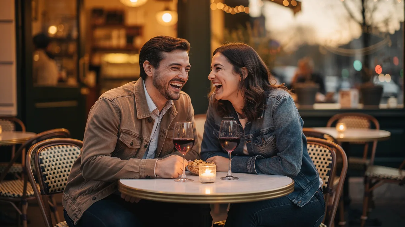 Zwei Personen sitzen an einem kleinen Bistrotisch und lachen fröhlich miteinander, während sie Weingläser in der Hand halten. Diese Szene strahlt eine entspannte Atmosphäre aus, die perfekt für ein erstes Date ist, bei dem sie sich besser kennenlernen und interessante Gesprächsthemen austauschen können.