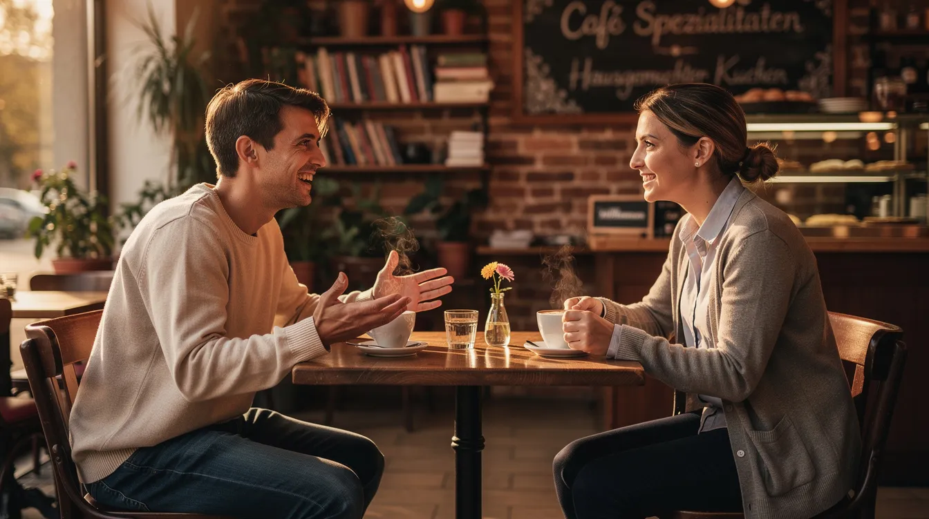 Zwei Menschen sitzen sich in einem gemütlichen Café gegenüber und führen ein lächelndes Gespräch bei einer Tasse Kaffee. Die entspannte Atmosphäre lädt zu Fragen zum Kennenlernen und Smalltalk beim ersten Date ein.