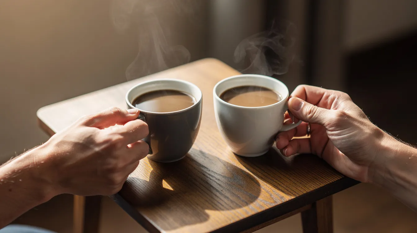 Die Nahaufnahme zeigt zwei Hände, die jeweils eine Kaffeetasse halten, während sie auf einem kleinen Holztisch ruhen. Diese intime Szene könnte eine Gelegenheit für ein erstes Date darstellen, bei dem Gesprächsthemen und Fragen zum Kennenlernen im Vordergrund stehen.
